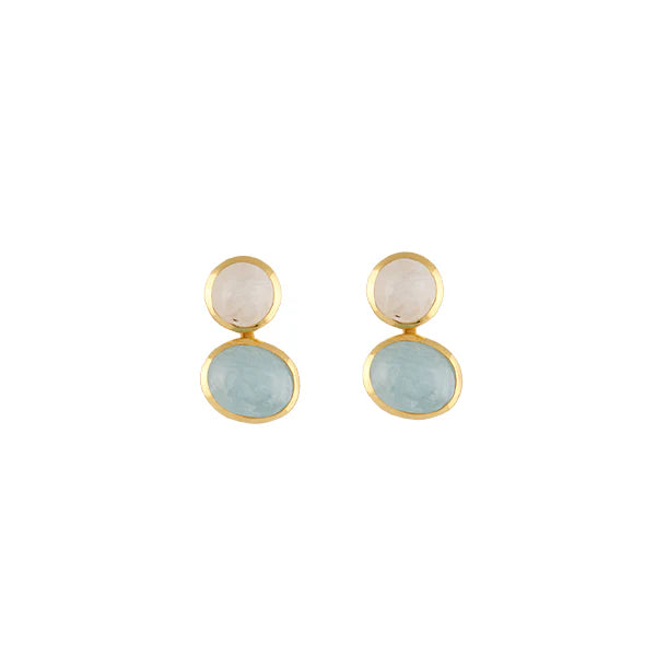 BIANC - Sterling Silver Yellow Gold Plated Moonstone & Aquamarine 'Motif' Stud Earrings