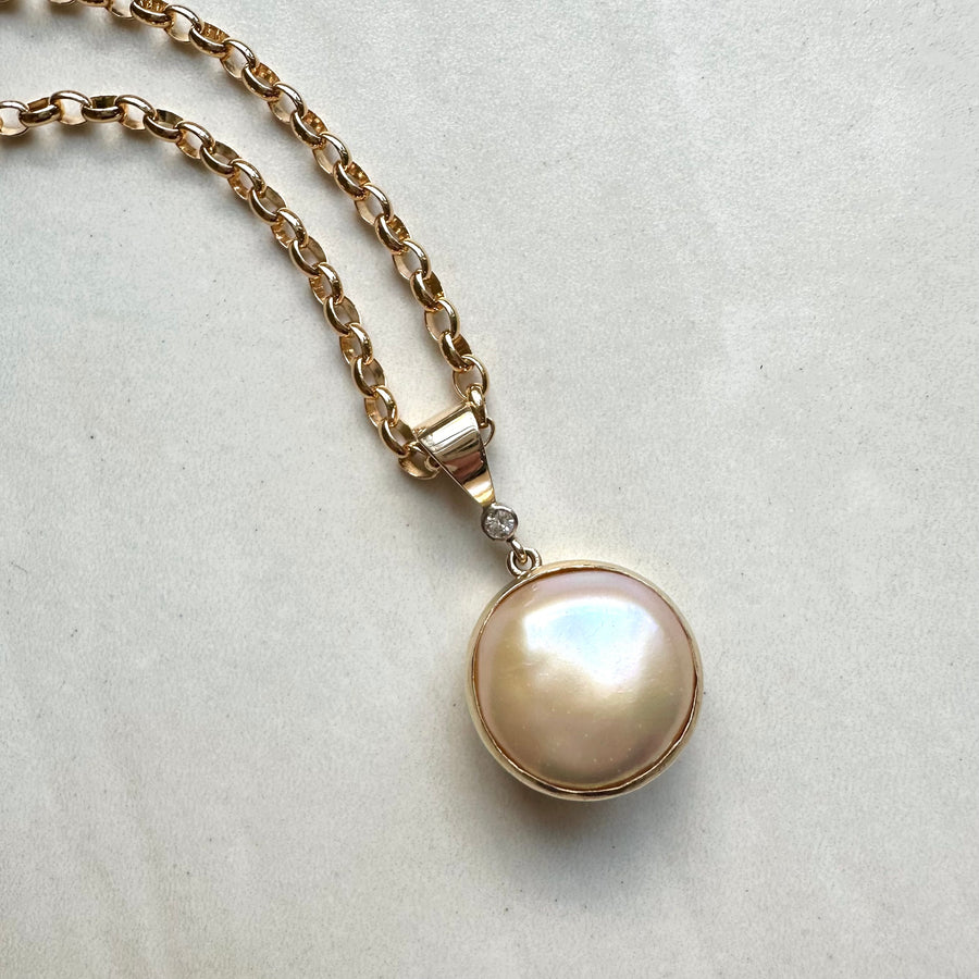 9ct Yellow Gold Natural Pink Freshwater Coin Pearl and Diamond Pendant