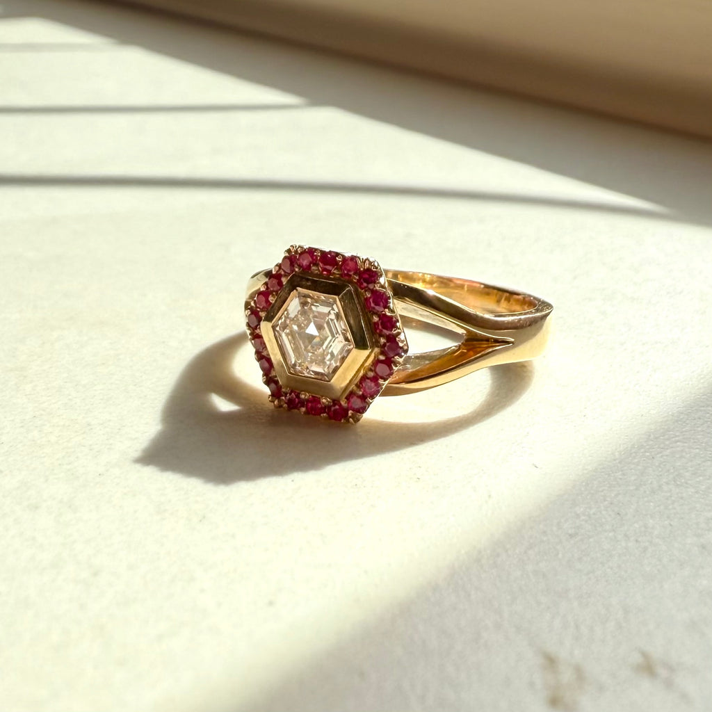 9ct Yellow Gold Hexagon Cut Diamond & Ruby Ring