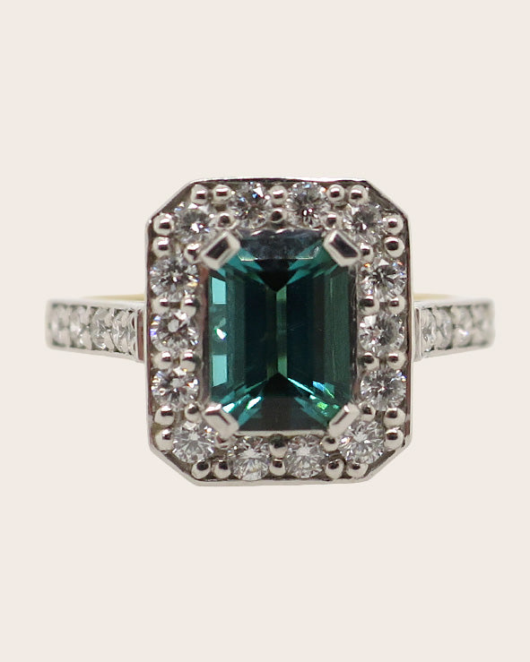 9ct White & Yellow Gold Teal Green Tourmaline and Diamond Ring