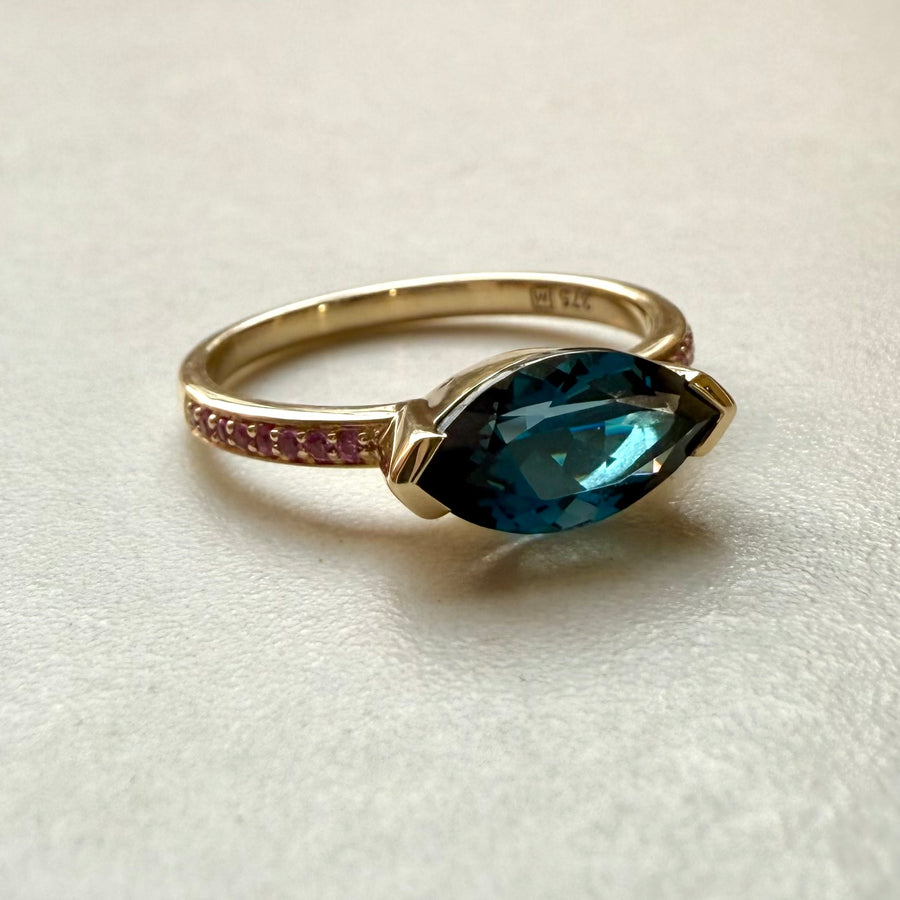 9ct Yellow Gold Marquise Cut London Blue Topaz & Pink Sapphire Ring