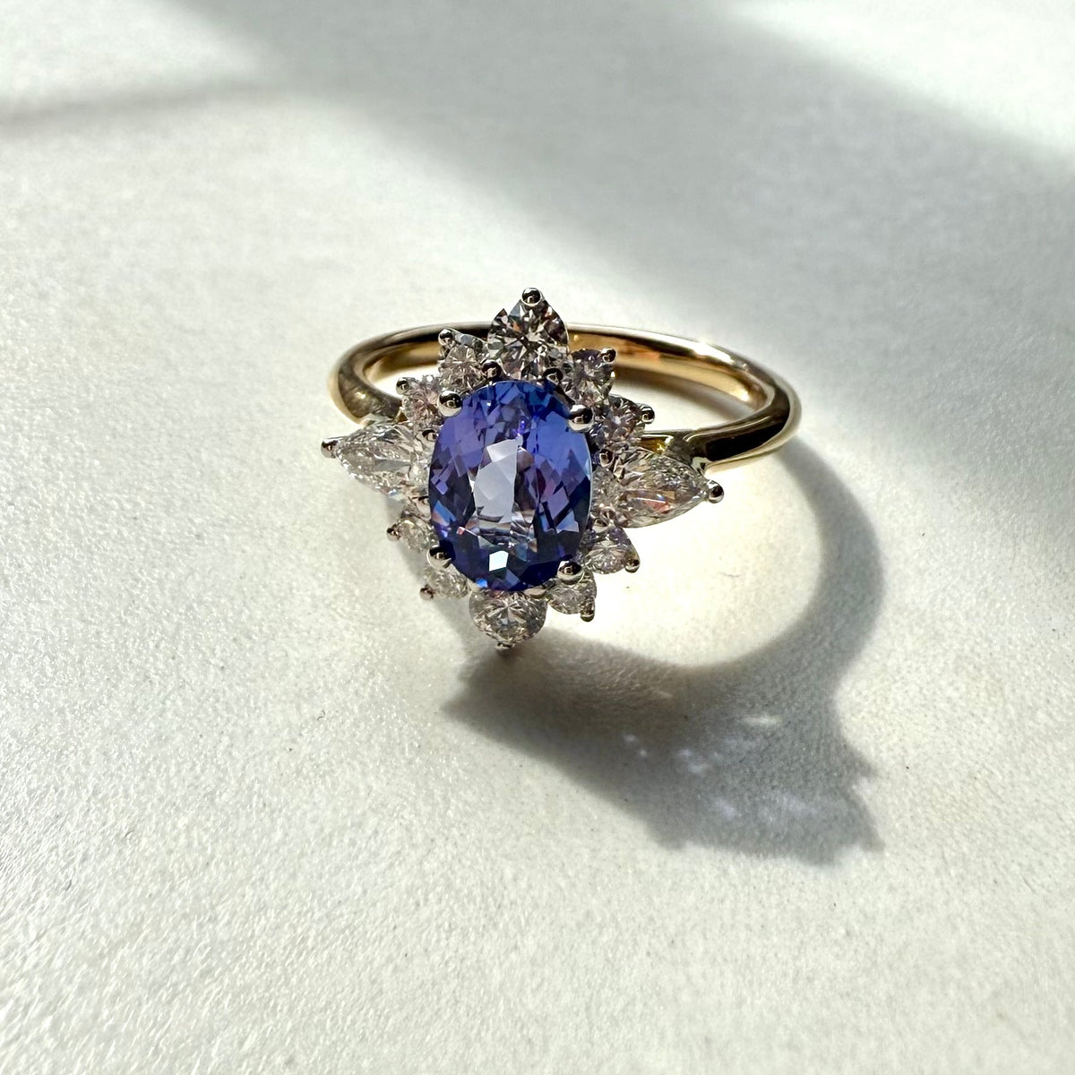 9ct Yellow & White Gold Tanzanite & Diamond Cluster Ring