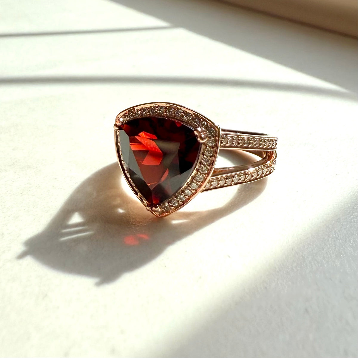 9ct Rose Gold Trilliant Garnet and Diamond Cluster Ring