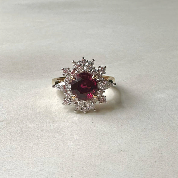 18ct Yellow and White Gold Rubellite and Diamond Cluster Ring