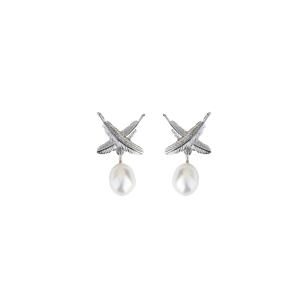 Boh Runga - Sterling Silver Feather Kisses Pearl Stud Earrings