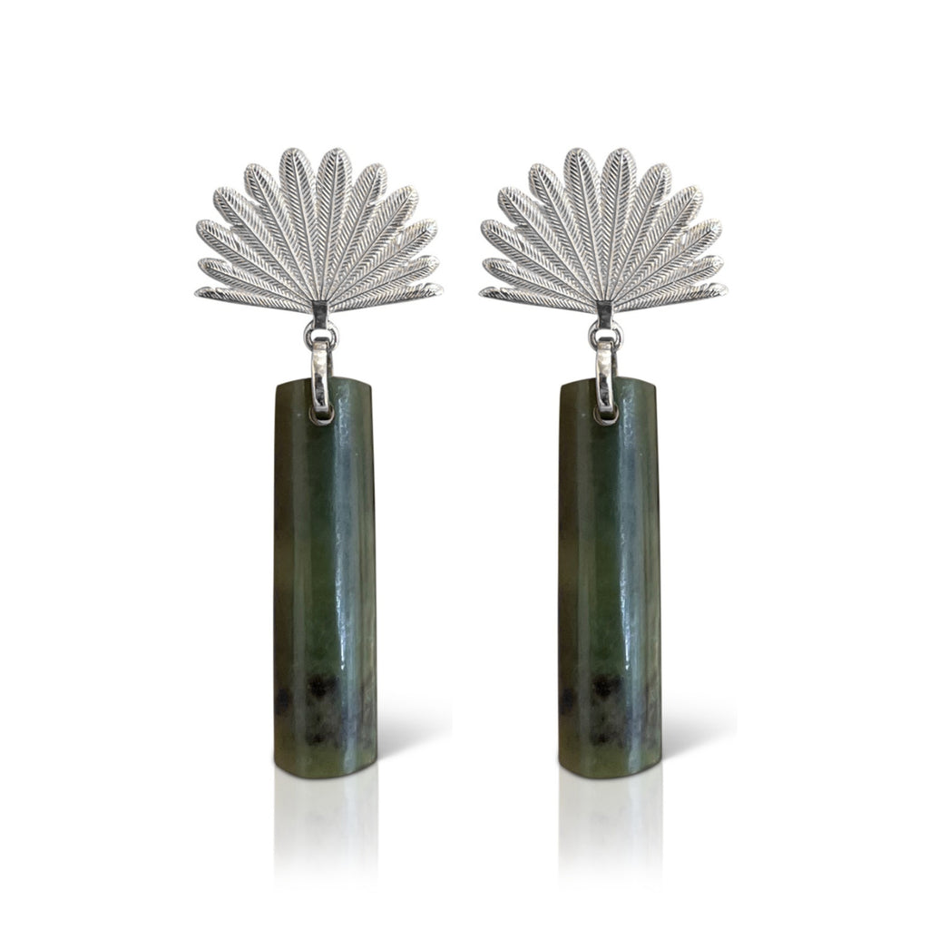 BOH RUNGA - Sterling Silver Pounamu Piwakawaka Drop Earrings