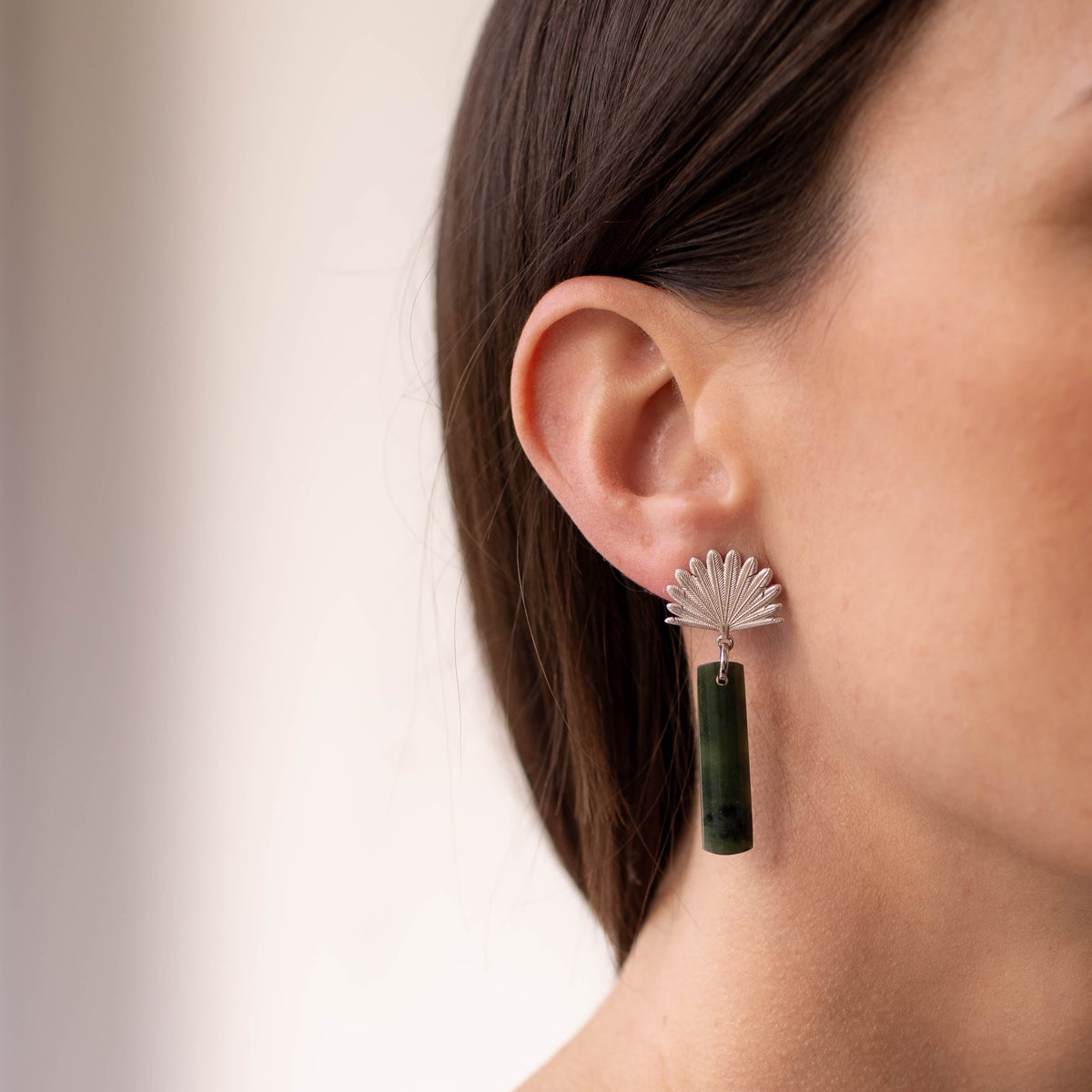 BOH RUNGA - Sterling Silver Pounamu Piwakawaka Drop Earrings