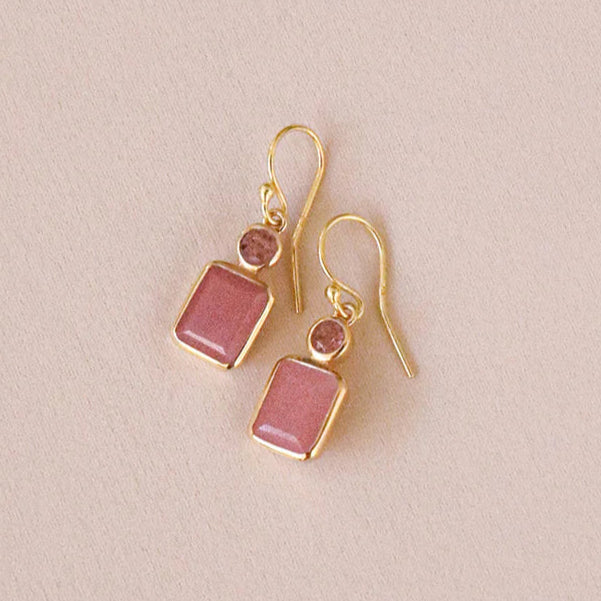 BIANC - Sterling Silver Yellow Gold Plated Pink Quartz 'Rosie' Drop Earrings