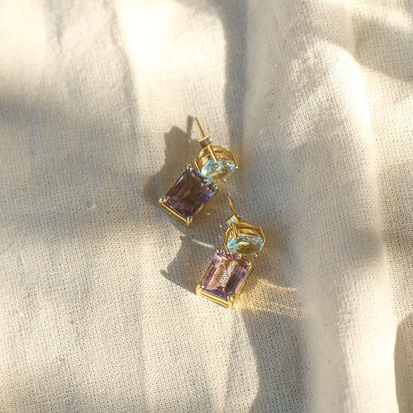 BIANC - Sterling Silver Yellow Gold Plated Blue Topaz & Amethyst 'Verona' Drop Earrings