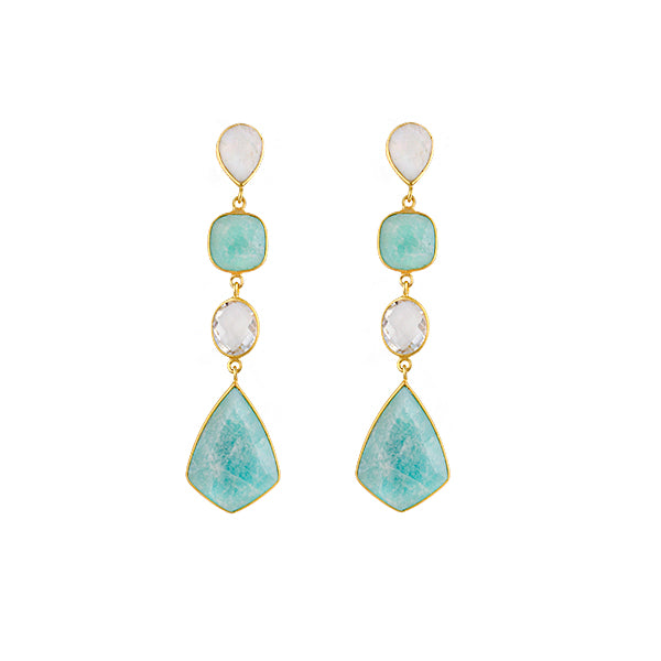 BIANC - Sterling Silver Gold Plated Rainbow Moonstone & Clear Quartz & Amazonite 'Sage' Drop Earring