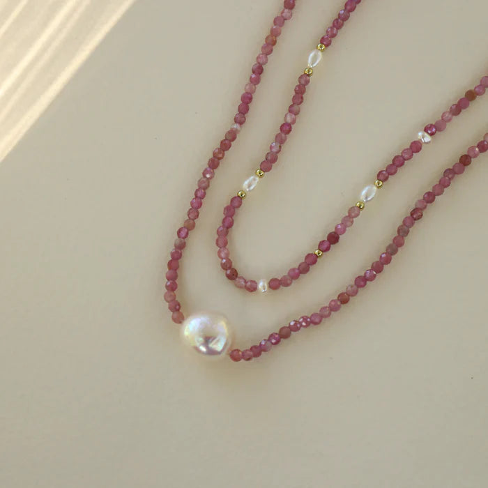 BIANC - Sterling Silver Gold Plated Pink Tourmaline & Freshwater Pearl 'Safari' Necklace