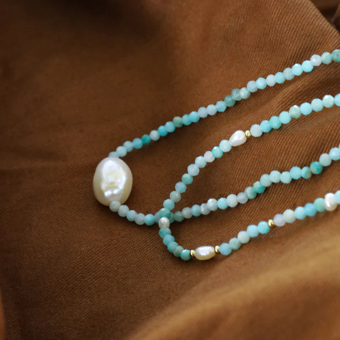 BIANC - Sterling Silver Gold Plated Amazonite & Freshwater Pearl 'Scenic' Necklace