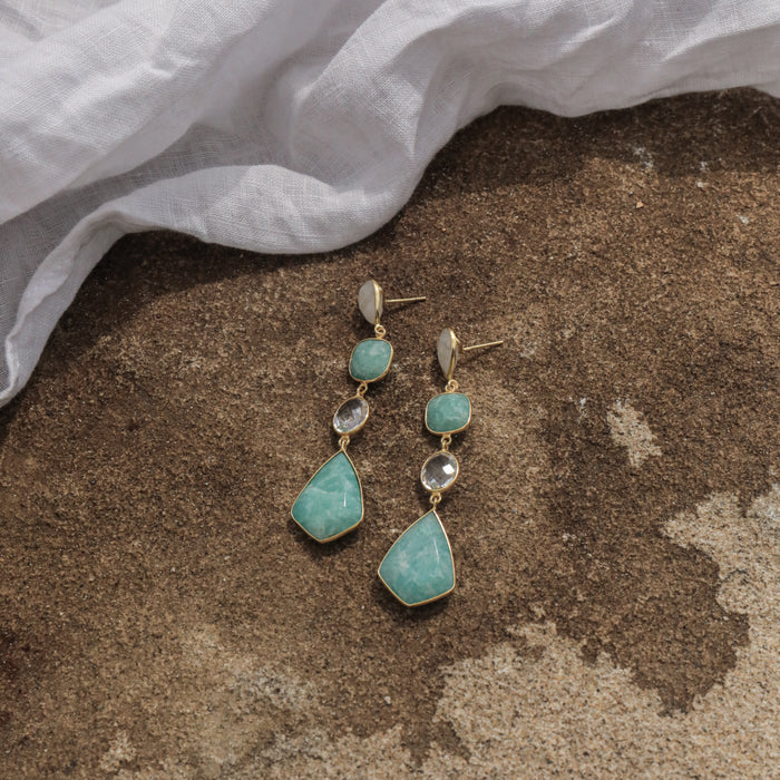 BIANC - Sterling Silver Gold Plated Rainbow Moonstone & Clear Quartz & Amazonite 'Sage' Drop Earring