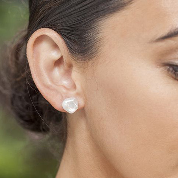 Sterling Silver White Keshi 10-11mm Pearl Stud Earrings