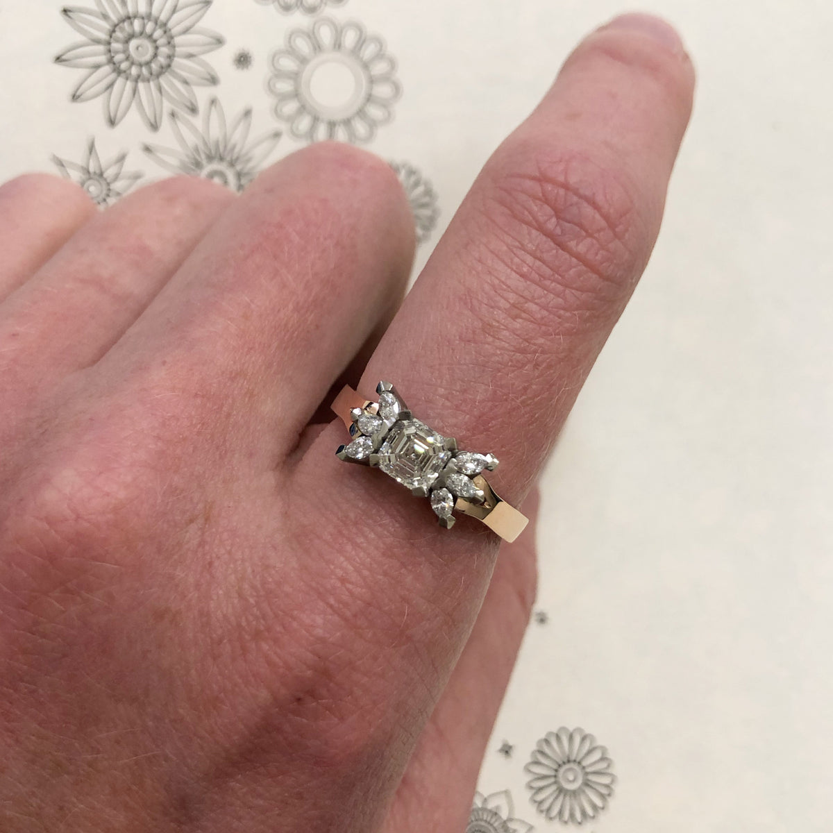 18ct Rose & White Gold Asscher & Marquise Cut Diamond Ring