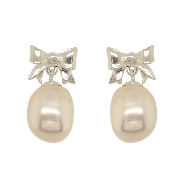Sterling Silver & Freshwater Pearl Bow Drop Earrings