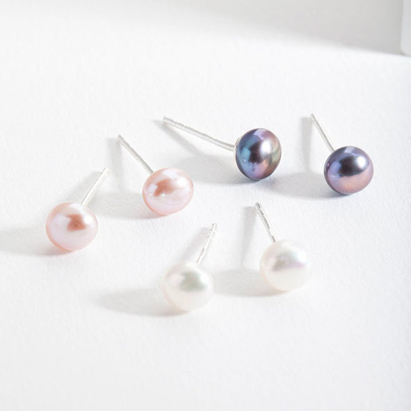 Sterling Silver & White Freshwater 5mm Button Pearl Stud Earrings