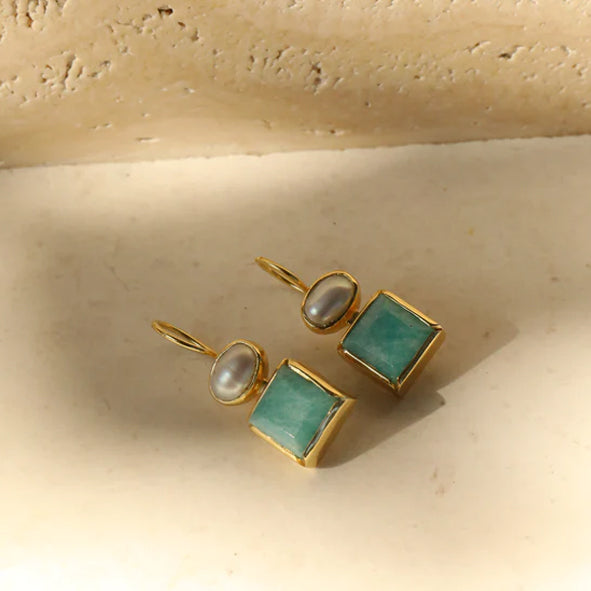 BIANC - Sterling Silver Yellow Gold Plated Freshwater Pearl & Amazonite 'Hillside' Drop Earrings
