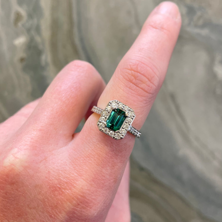 9ct White & Yellow Gold Teal Green Tourmaline and Diamond Ring