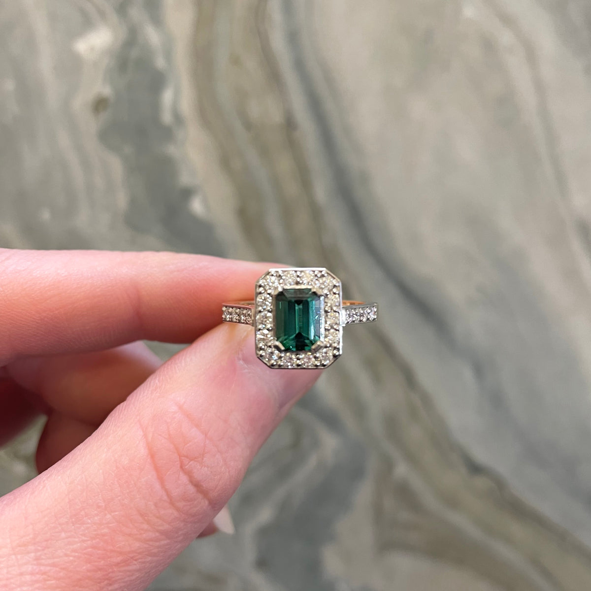 9ct White & Yellow Gold Teal Green Tourmaline and Diamond Ring