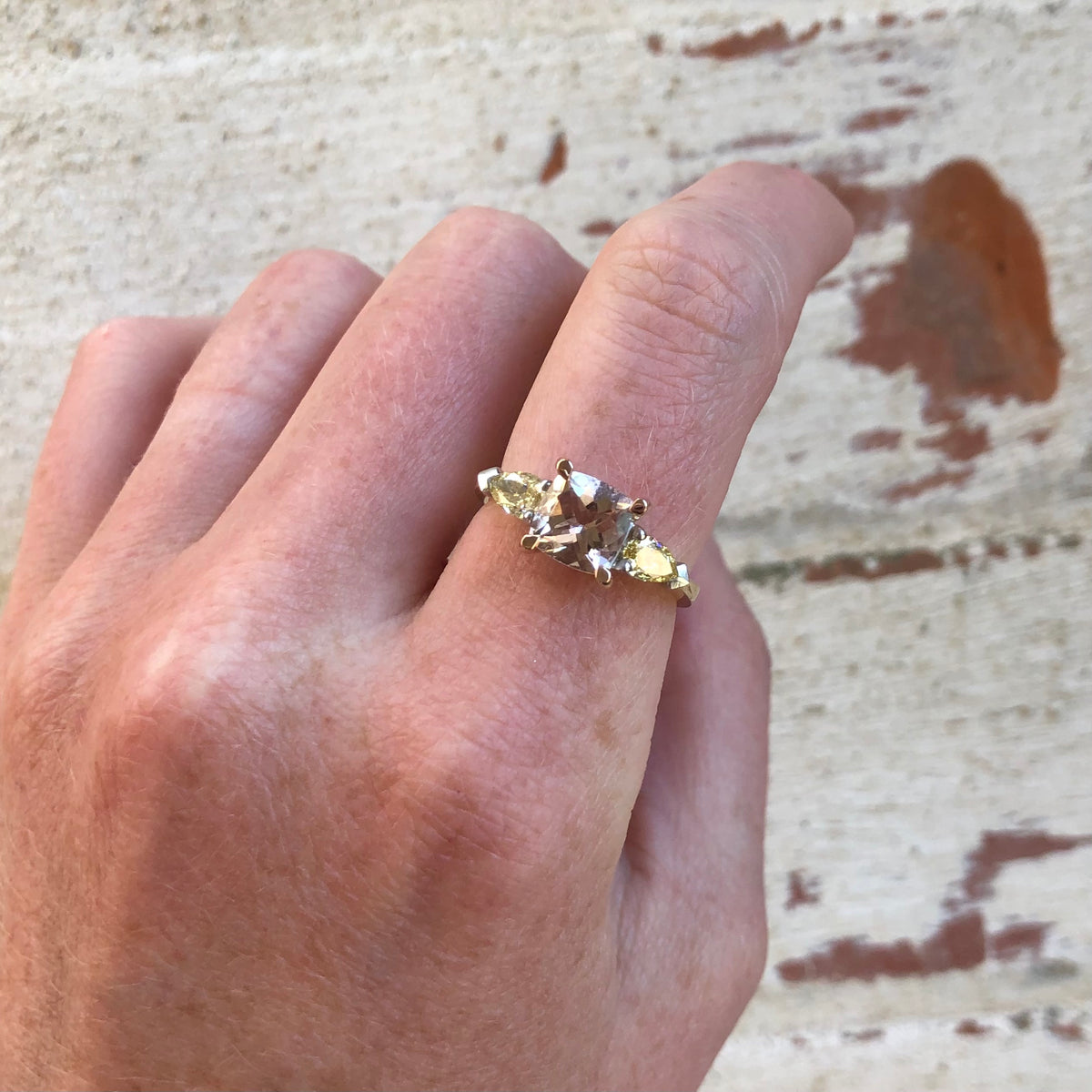 18ct Yellow & Rose Gold & Platinum Morganite & Yellow Diamond Ring