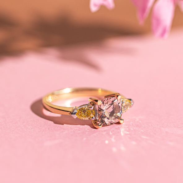 18ct Yellow & Rose Gold & Platinum Morganite & Yellow Diamond Ring