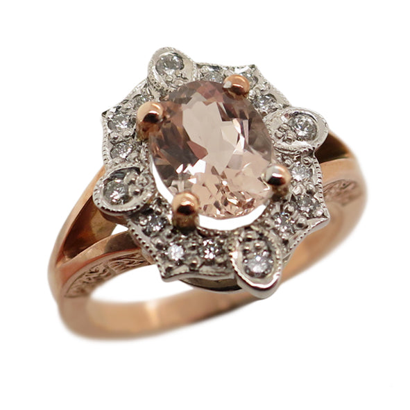 9ct Rose & White Gold Oval Morganite & Round Brilliant Cut Diamond Engraved Cluster Ring