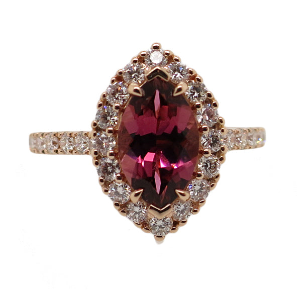 9ct Rose Gold Marquise Cut Pink Tourmaline & Diamond Ring
