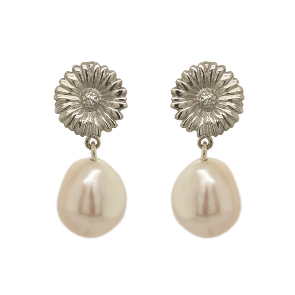 Sterling Silver Daisy & Cultured Freshwater Pearl Drop Earrings